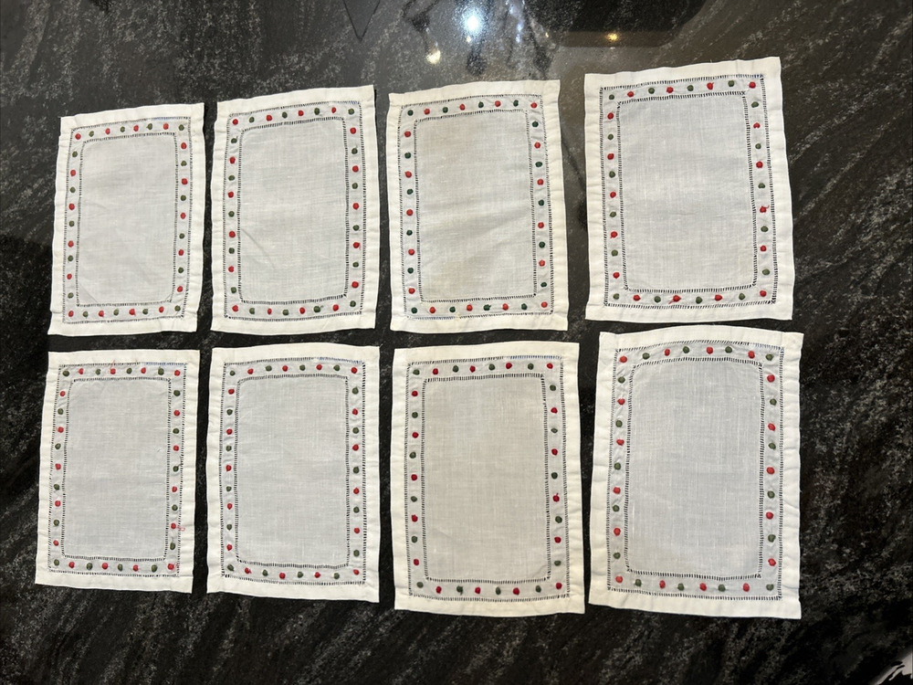 RARE Vtg Set of 8 D Porthault Hand Embroidered Cocktail Napkins White Linen 8x6